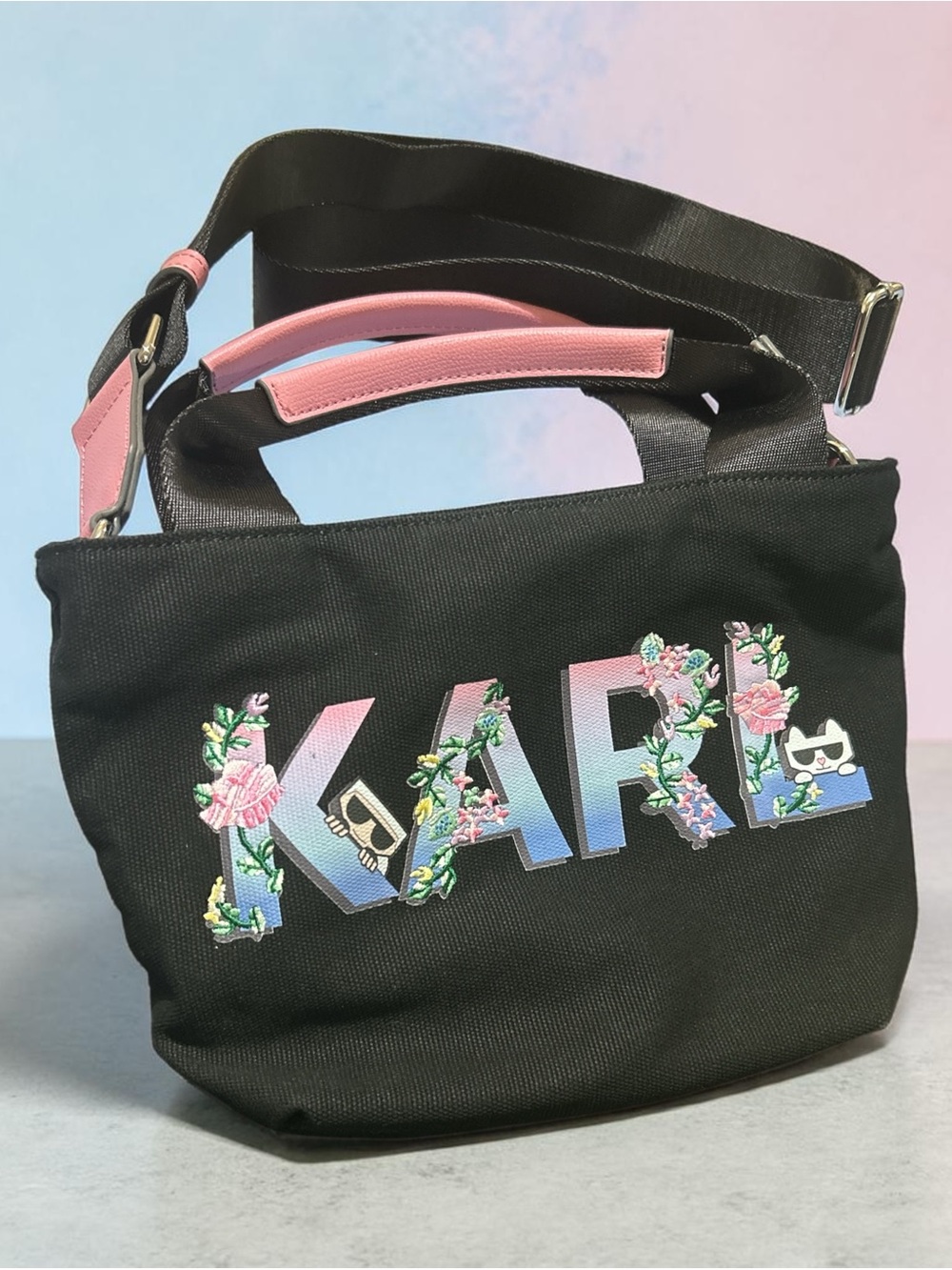 Karl Lagerfeld Black Canvas Mini Tote with Pink Trim - Picture 4 of 7